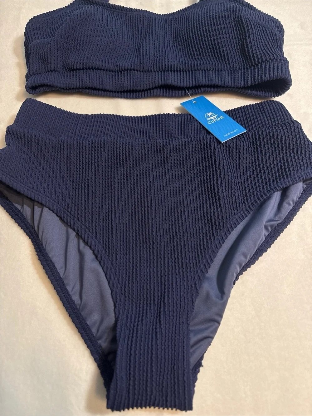 New Navy Blue CupShe Ribbed Highwaisted Bikini Set. Medium